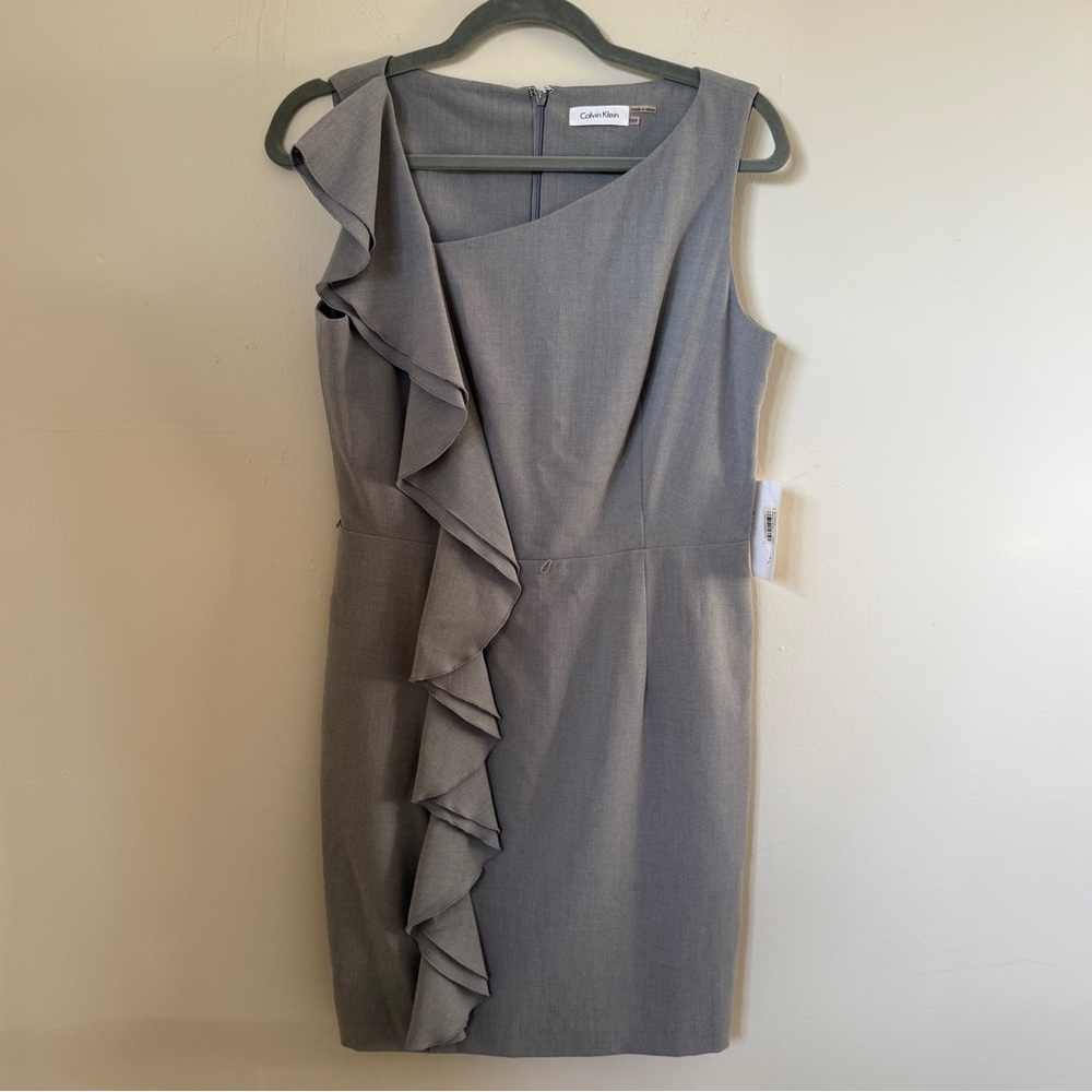 Calvin Klein NWT Grey Asymmetric Ruffle Detail Lined Grey Sleeveless Dress 10P